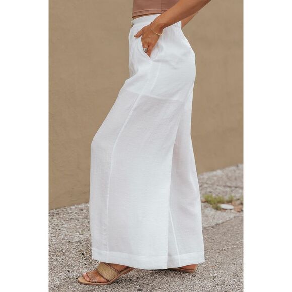 Azura Exchange  White Solid Color Elastic Waist Pleated Wide Leg Pants - Picture 6 of 8